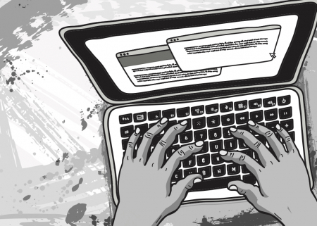 A black and white drawing of hands on a laptop keyboard
