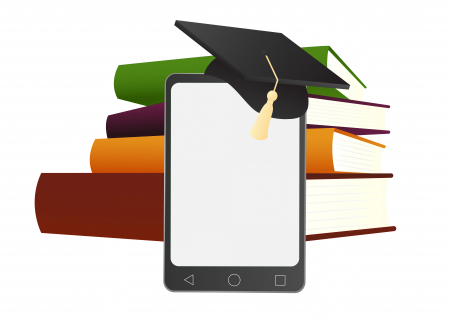 Image of an iPad with graduation cap against a stack of books