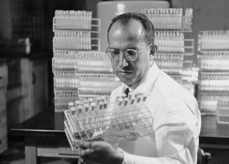 Jonas Salk, developer of a polio vaccine, in his lab in Pittsburgh, 1954 (AP)