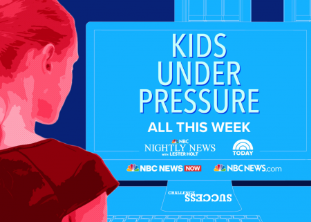 Illustration of young woman at a computer screen that says, "Kids under pressure" and shows logos of NBC News shows and Challenge Success