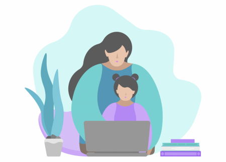 Illustration of a mother with a child at a laptop