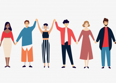 Illustration of a group of people joining hands