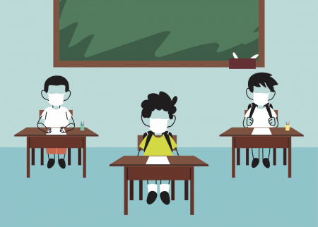 Illustration of school children at desks with masks and social distancing
