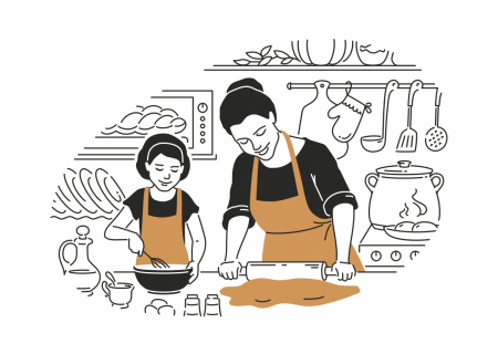 Illustration of a mother and child cooking together