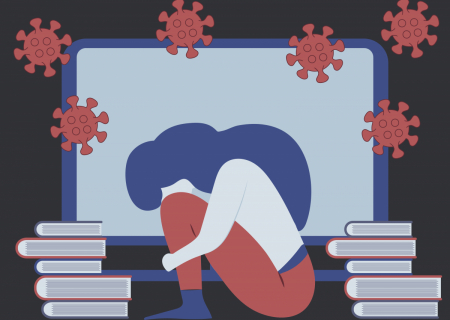 Illustration of a young woman with her head down, while surrounded by a computer screen, piles of books, and images of the coronavirus