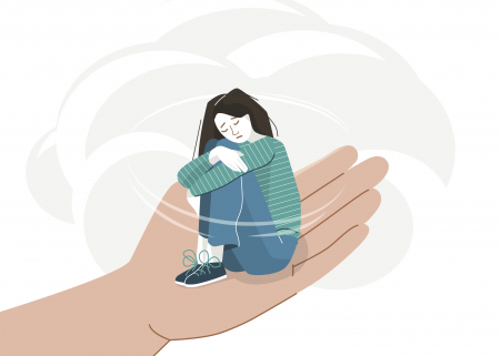 Illustration of a sad young woman in a helpful hand