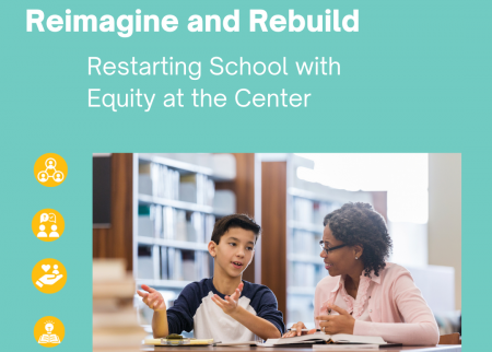 A graphic with a photo of a teacher and student, and icons for the five actions to rebuild