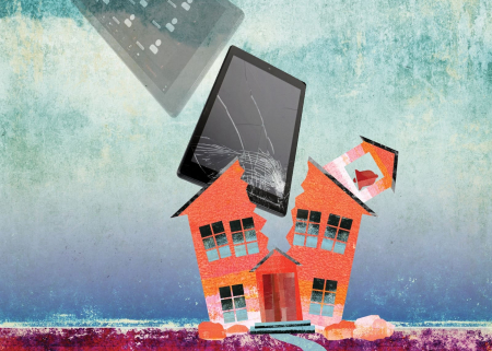 Illustration showing a classic schoolhouse being shattered by an iPad and a screen with Zoom visible.