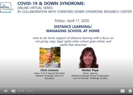 Opening slide for Down syndrome and distance learning at home with Chris Lemons and Denise Pope