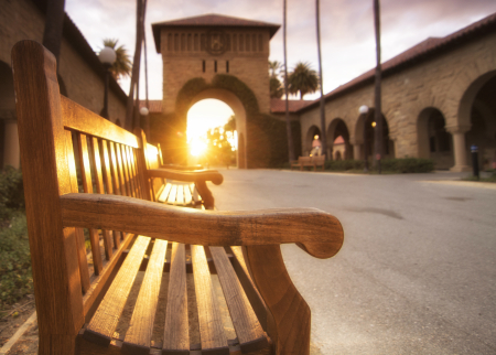Photo of a bench in the Stanford quad
