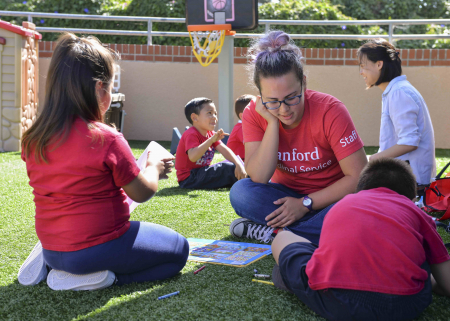  Preschool Counts students to engage in a spatial relations activity at St. Elizabeth Seton School in Palo Alto.