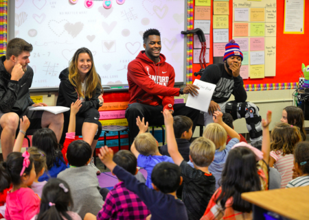 Stanford students read their children's book to 1st graders (Photo: Rod Searcey)