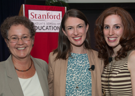 Linda Darling-Hammond, Dana Goldstein and Elizabeth Green pose together before the Cubberley Lecture (Photo: Steve Castillo)