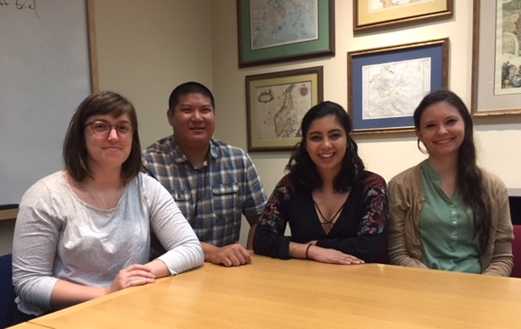 Master's students Grace Fowler, Zach Jue Lam, Sam Alavi and Joyce Marie Jones, all MA '18, are part of the POLS project. 