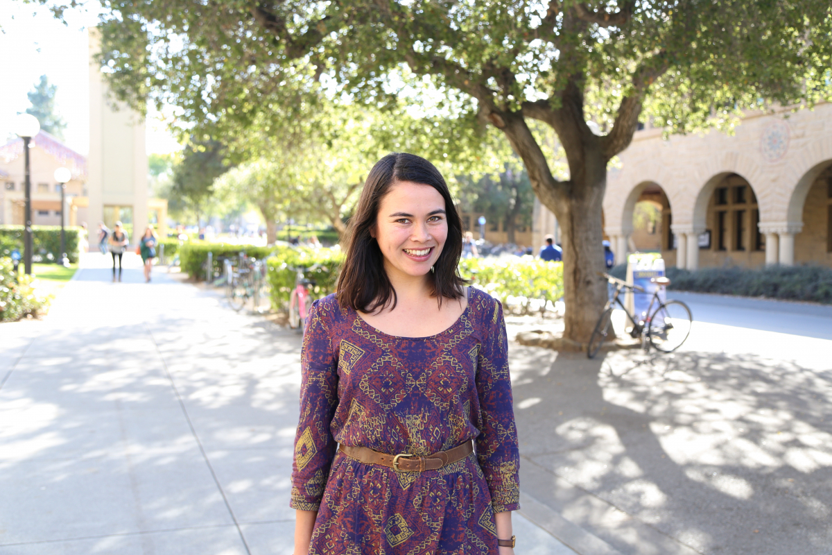 Photo of Ali Amberg on Stanford campus near School of Education Building