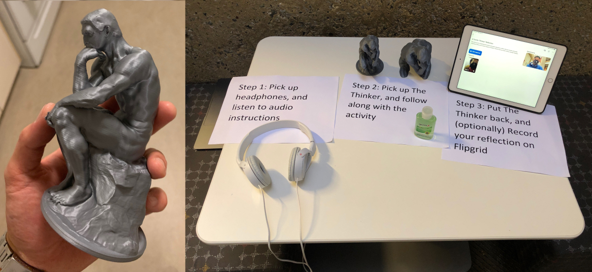 Two photos: Replica of The Thinker, and an activity station with guidance to help museum visitors to experience the art
