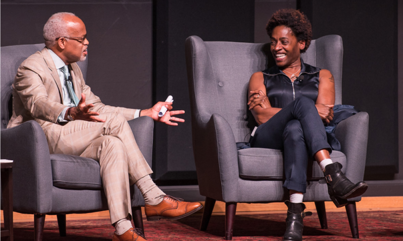 Jacqueline Woodson speaking with Harry J. Elam, Jr. on stage