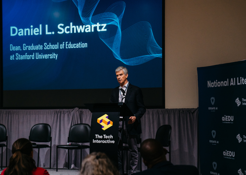 GSE Dean Dan Schwartz addresses the audience at National AI Literacy Day at the Tech Interactive. (Photo: Eloisa Tan, The Tech Interactive)