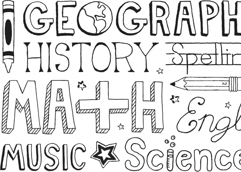 Illustration of the words "Geography," "History," "Math" and other school subjects 