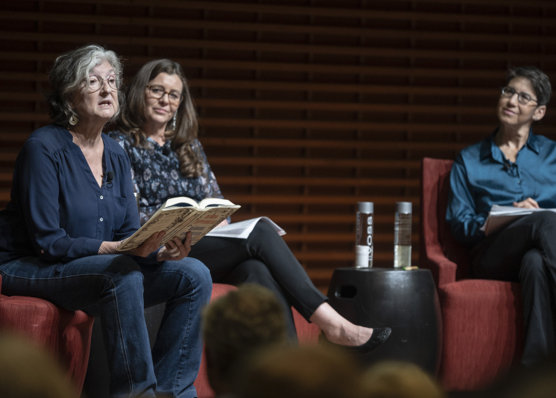 Barbara Kingsolver (left) speaks at the event co-moderated by Stanford School of Medicine Assistant Professor Lisa Goldman Rosas (center) and GSE Assistant Professor Sarah Levine (right). (Photo: Rod Searcey)