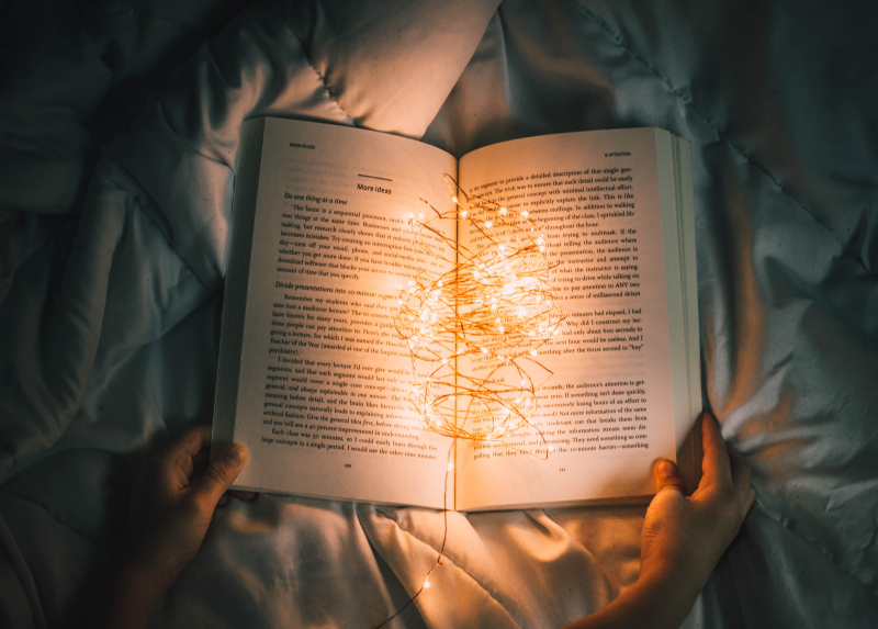Photo of an open book with a string of lights