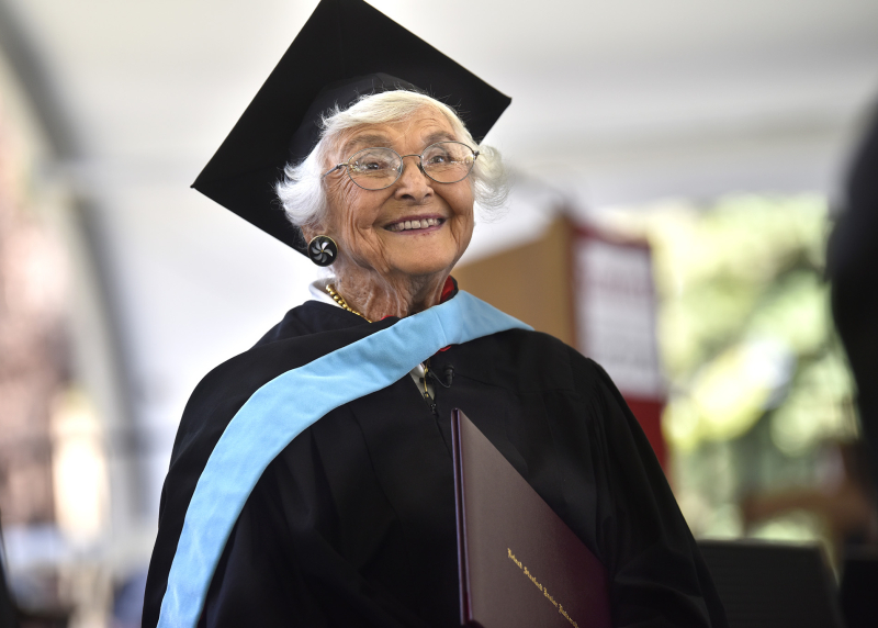 Virginia Hislop beams at the GSE's 2024 commencement ceremony after accepting her master's of arts in education on Sunday, June 16. 