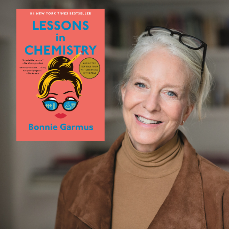 Headshot of Bonnie Garmus next to book titled "Lessons in Chemistry"