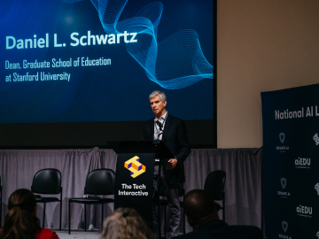 GSE Dean Dan Schwartz addresses the audience at National AI Literacy Day at the Tech Interactive. (Photo: Eloisa Tan, The Tech Interactive)