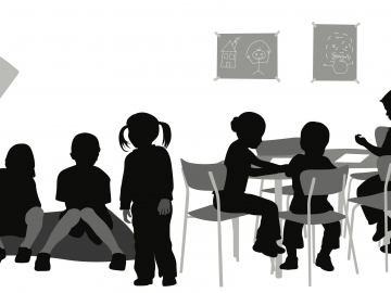 Illustration of preschool teacher and class