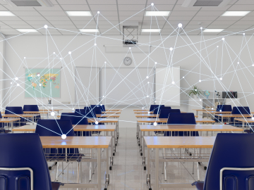 Photo of classroom with dotted lines forming a plexus
