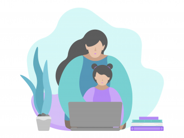 Illustration of a mother and child at computer 