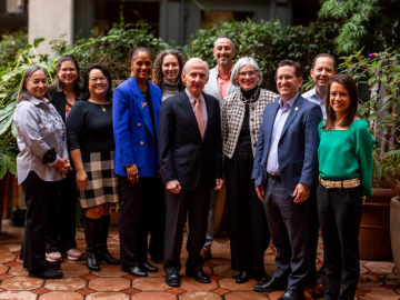 President Richard Saller greeted Sunnyvale School District Superintendent Michael Gallagher (third from right); Professor Ira Lit (second from right), the faculty director of the teacher program; and Ruth Ann Costanzo (fourth from right), STEP director of clinical work, K-12; and their teams. (Image credit: Peggy Propp)