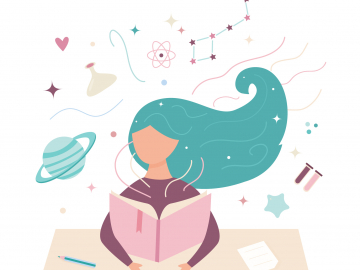 illustration of a girl at a desk with a book and science symbols in the background