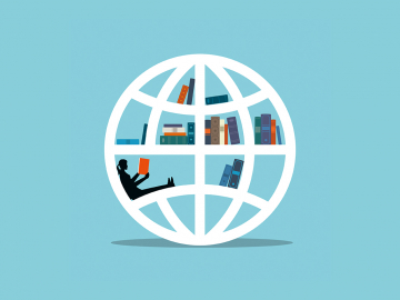 illustration of globe with books and a girl reading