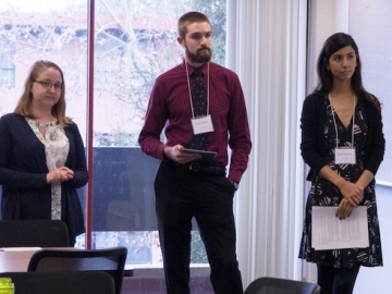 Master's students present their proposal to alumni panelists during the POLS Challenge. (Photo: Marc Franklin)