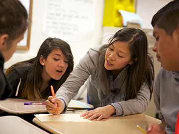 Jessica Uy, second from right, who graduated from the Stanford Teacher Education Program in 2007, teaches math at Fremont High School in Sunnyvale, Calif.