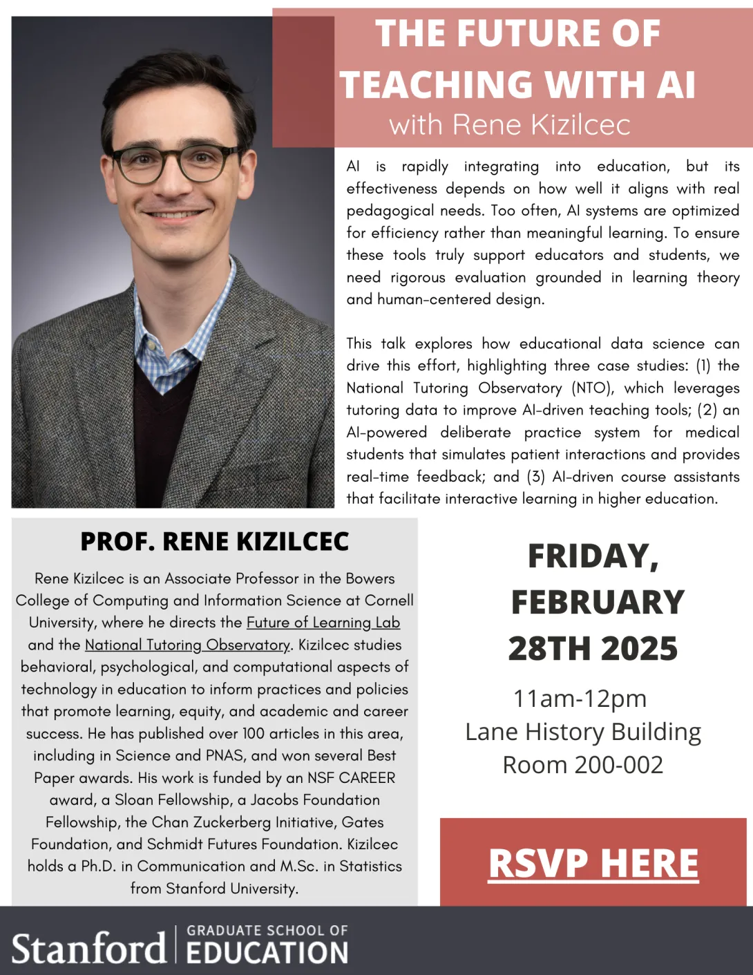 Flyer with event summary, details and a photo of Rene Kizilec.