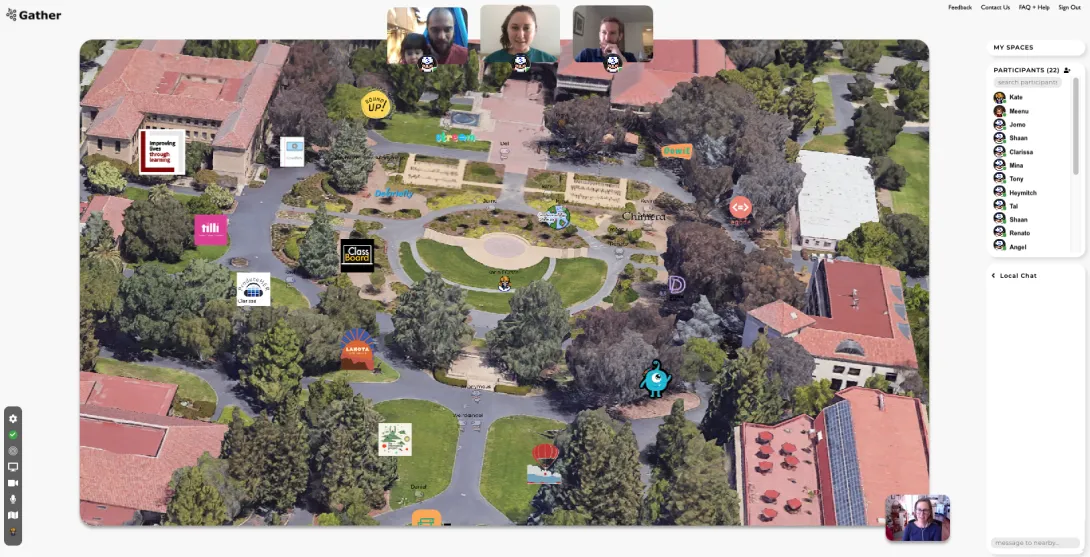 Screenshot of the online expo, showing avatars and gathering spots on a campus map