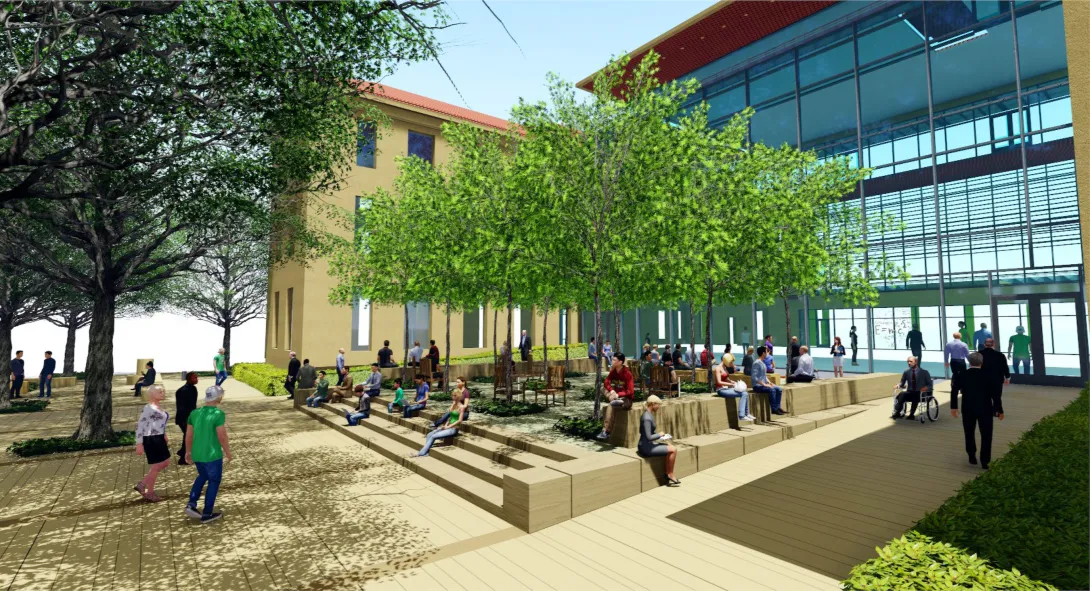 Rendering of the outdoor gathering area of the new gse building